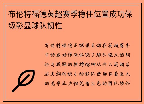 布伦特福德英超赛季稳住位置成功保级彰显球队韧性